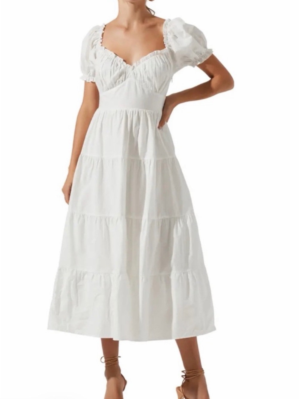 Astr White Puff-Sleeve Tiered Midi Dress
